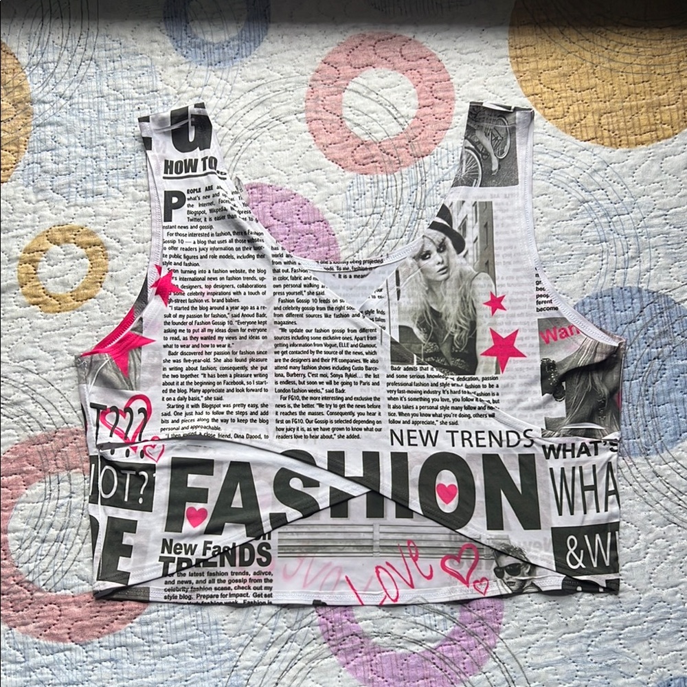 cleo Black White Newspaper Print Crop Tank with Pink Accents